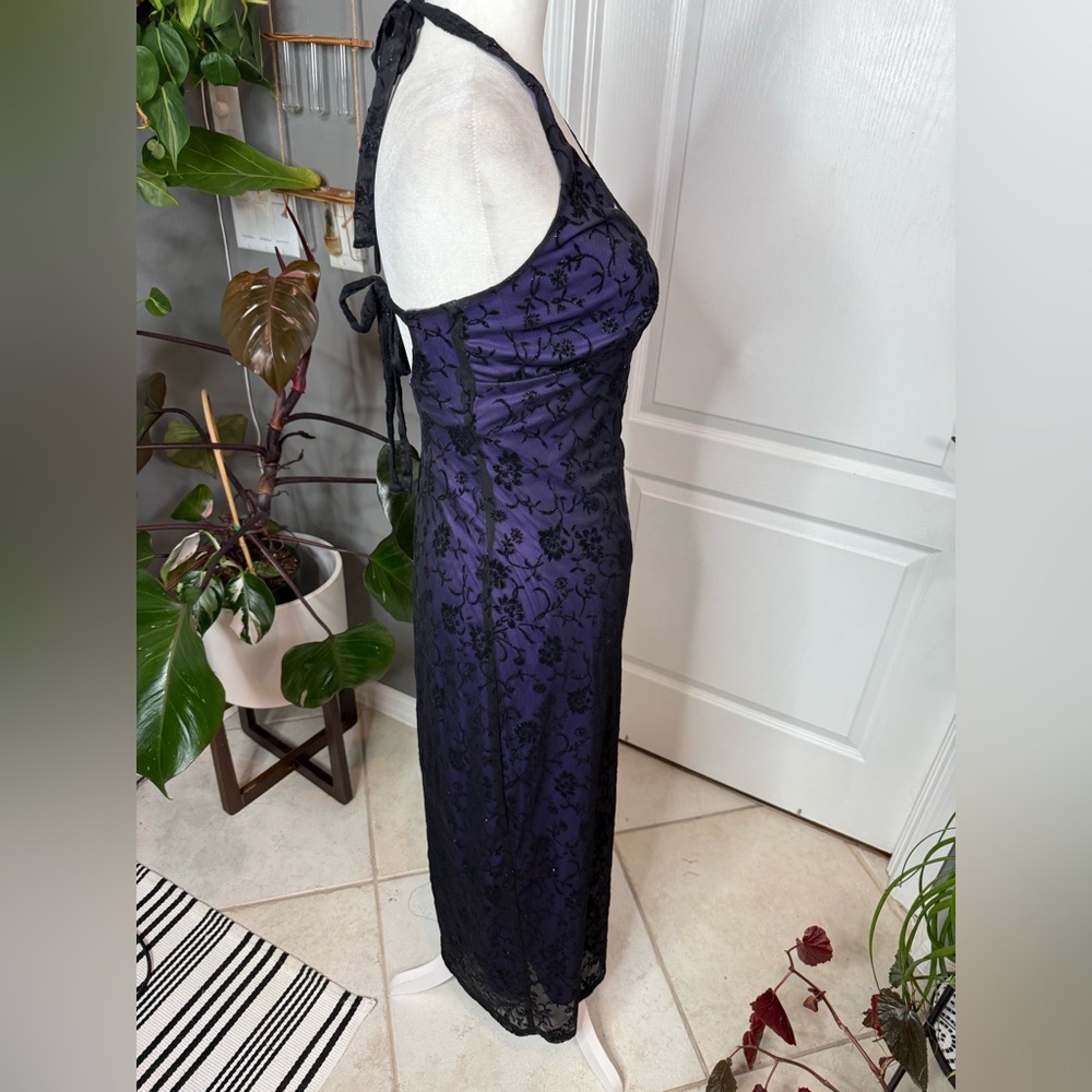Byer Too Purple Halter Maxi Dress | Floral Burnout | Size M | USA Made - Picture 5 of 9